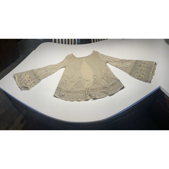 Women's Free People Split Back Linen Blend Beige Top Shirt Blouse Size Medium - Picture 4 of 11